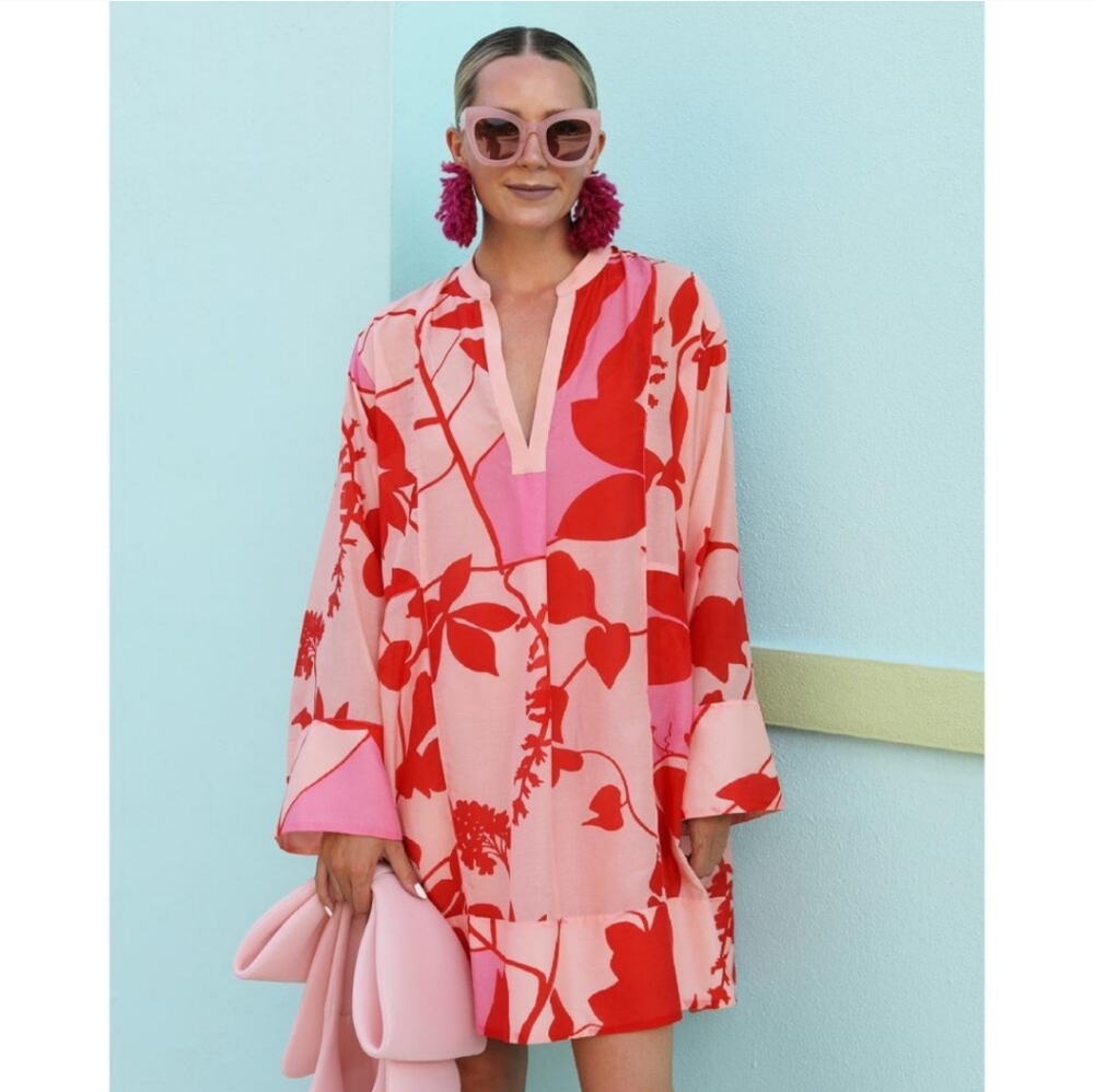 La Ligne Floral Long Sleeve Cotton Silk Shift Minidress Pink Red | sz XS-M*